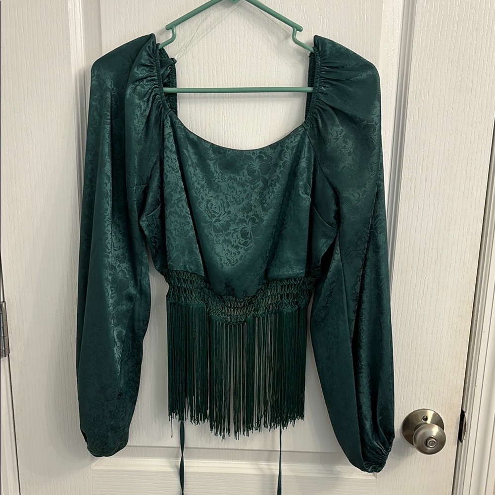 Chic Green Blouse with Fringe Detail